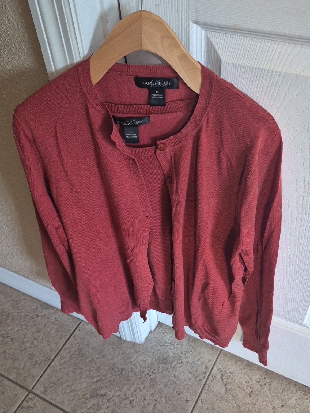 August Silk Brick Red Button-Front Crewneck Cardigan